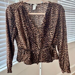 H&M Leopard Print Wrap Blouse Peplum Long Sleeve Top Size 4